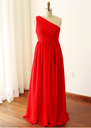 One Shoulder Red Chiffon Pleated Bridesmaid Dress